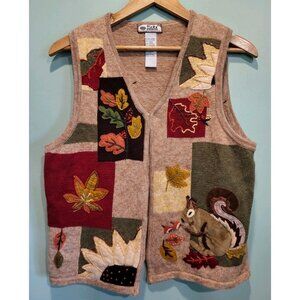 Tiara International Autumn Theme Embroidered Applique Squirrel Sweater Vest XL